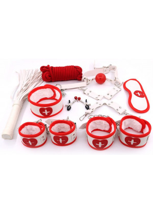 Набор: наручники, оковы, маска, кляп, плеть,ошейник с поводком, верёвка, фиксатор, зажимы для сосков ДВП00679