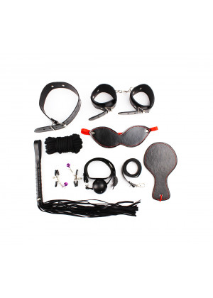 Набор: наручники, маска, кляп, плеть, шлепалка, ошейник с поводком, верёвка, зажимы для сосков ДBS006