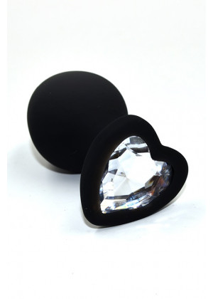 Анальная втулка черная с кристаллом сердце Medium прозрачный 8,8 см AP-S02-MC