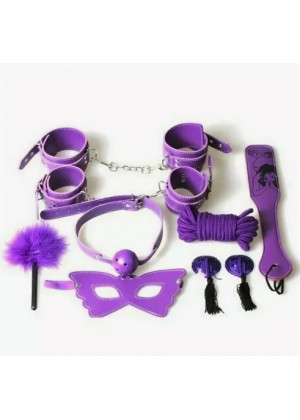 Набор: оковы на руки, оковы на ноги, верёвка, маска, щекоталка, кляп, пэстисы фиолетовый ДBS03029-3