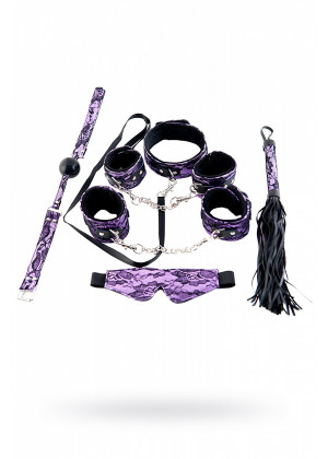 Кружевной набор пурпурный: маска, наручники, оковы, ошейник, флоггер, кляп 716053