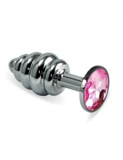 Анальная пробка Butt Plug Silver ребристая розовый 8 см Д717023-3