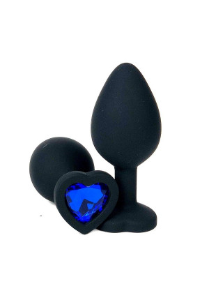 Анальная втулка черная с кристаллом сердце Small синий 7 см Д70600-13