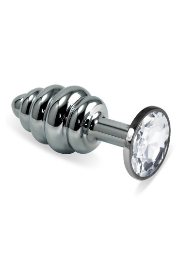 Анальная пробка Butt Plug Silver ребристая прозрачный 7 см Д712040-4