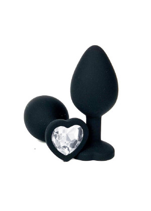 Анальная втулка черная с кристаллом сердце Small прозрачный 7 см Д70600-05