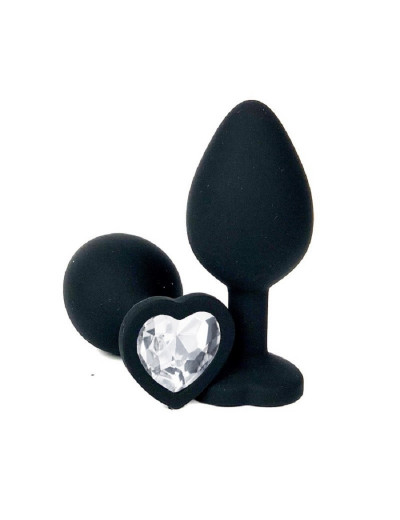 Анальная втулка черная с кристаллом сердце Small прозрачный 7 см Д70600-05