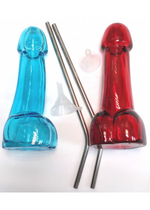 Набор бокалов голубой и красный в форме пениса 150 мл воронка и трубочка EH240109